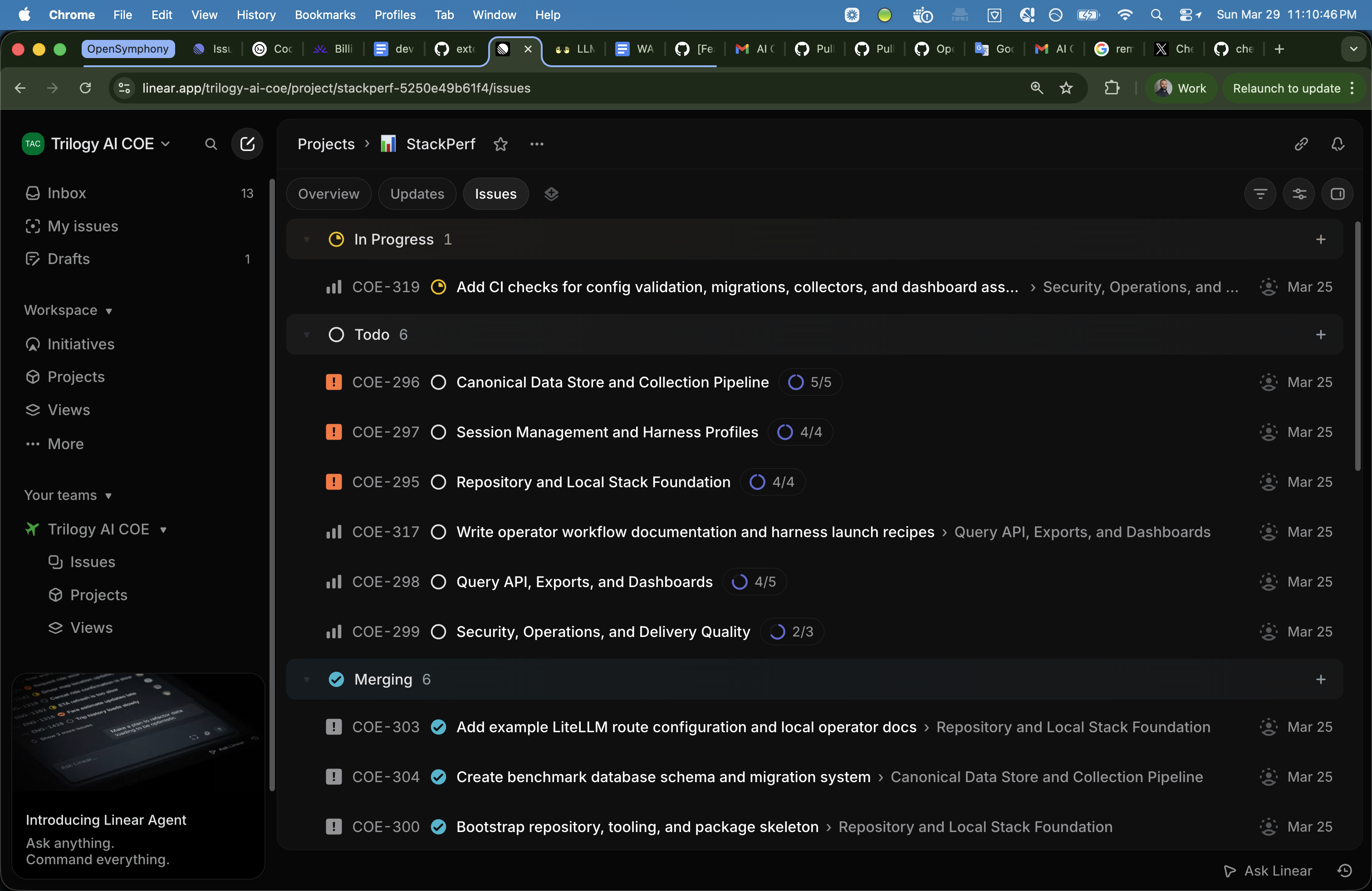 Linear board with issues managed through the OpenSymphony workflow.